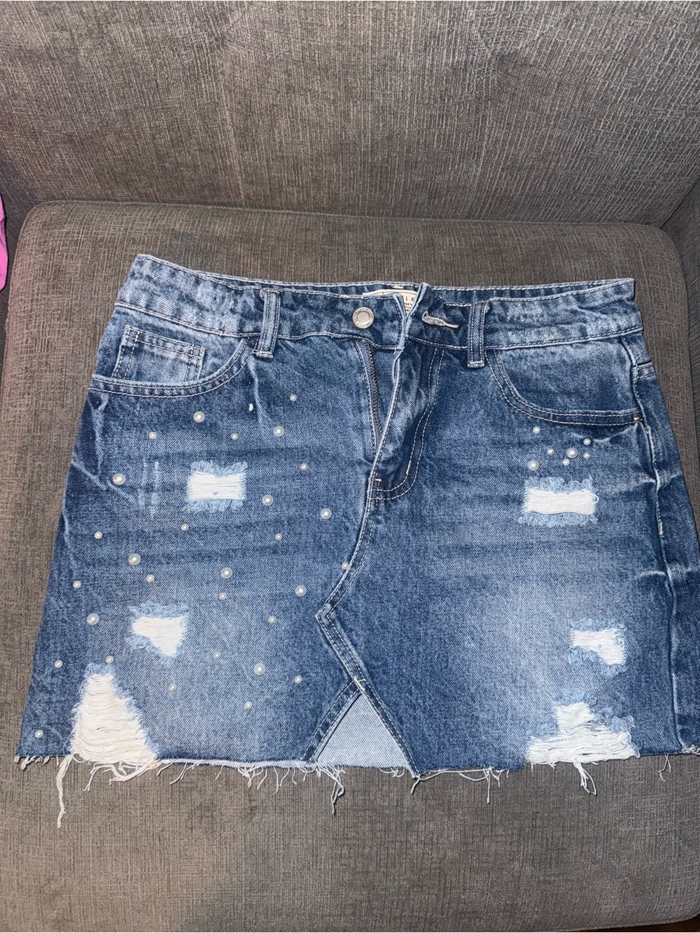 Angel Kiss Pearl-Studded Distressed Denim Mini Skirt - Blue